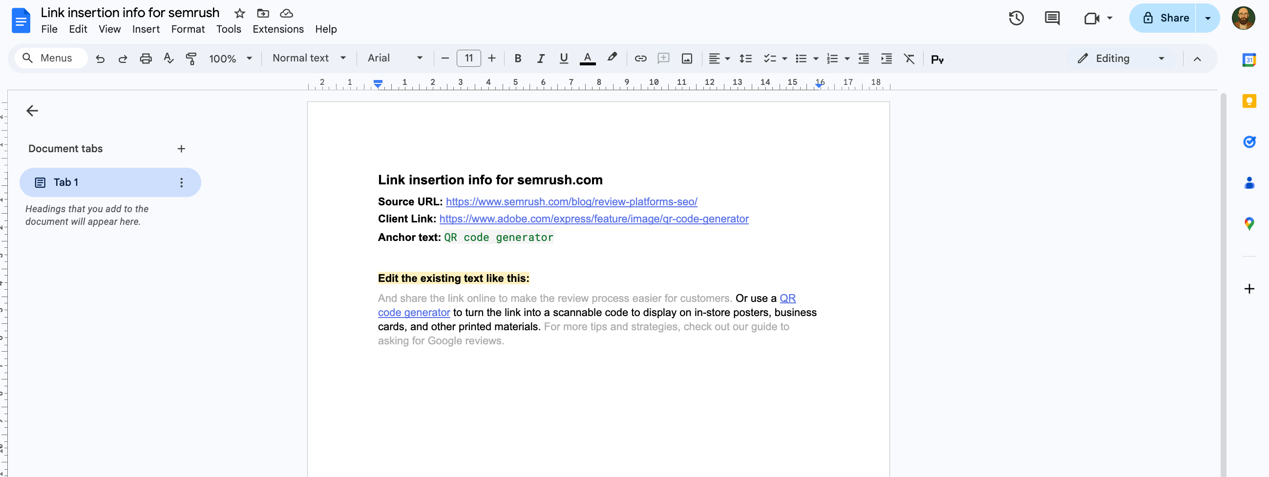 Copy-pasted link insertion result in Google Docs showing formatted output ready for editors