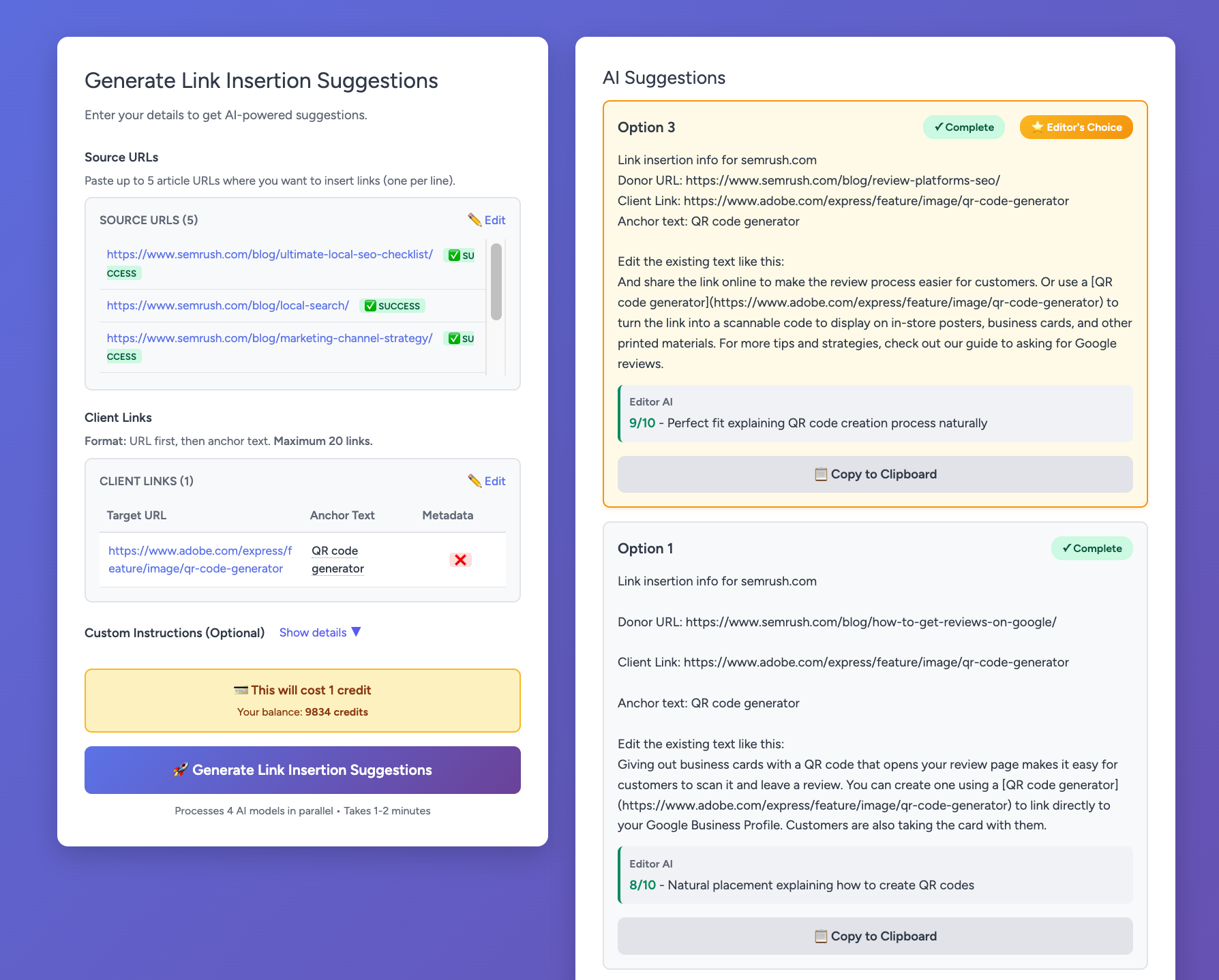 Link insertion suggestions showing multiple AI-generated options with Editor's Choice recommendation